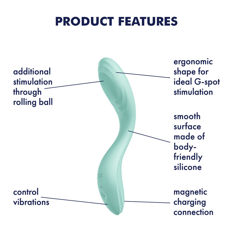 Image of the Satisfyer Rrrolling Pleasure - Mint USB Rechargeable Vibrator shows its features: Rrrolling Pleasure for extra stimulation, ergonomic shape for precise contact, smooth body-safe silicone, controllable vibrations, and a magnetic charging connection. Text above says Product Features.