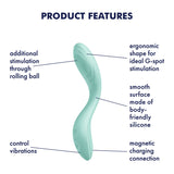 Image of the Satisfyer Rrrolling Pleasure - Mint USB Rechargeable Vibrator shows its features: Rrrolling Pleasure for extra stimulation, ergonomic shape for precise contact, smooth body-safe silicone, controllable vibrations, and a magnetic charging connection. Text above says Product Features.