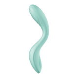 The Satisfyer Rrrolling Pleasure - Mint is a teal, abstract S-shaped vibrator made from body-safe silicone. It features smooth, flowing curves and a glossy surface that create a fluid appearance. The piece tapers at both ends, widens at the center, and is elegantly set against a white background.