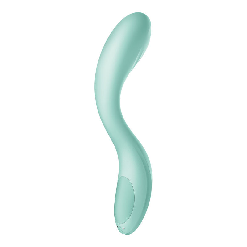 The Satisfyer Rrrolling Pleasure - Mint USB Rechargeable Vibrator is a mint green, curved personal massager made from body-safe silicone. It has an ergonomic design with a bulbous tip, slender neck, and wide base featuring the Rrrolling Pleasure control panel.