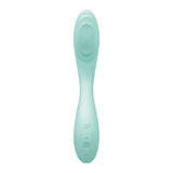 The Satisfyer Rrrolling Pleasure - Mint vibrator features a light turquoise silicone coating, a rounded tip, and subtle curved ridges. The base includes embossed buttons: power, plus, and wave symbols for various settings.