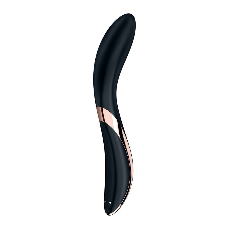 The Satisfyer Rrrolling Explosion is a black, USB rechargeable vibrator featuring a sleek, modern design with elegant curves and a gold accent near the center. Made from body-safe silicone, its slim profile ensures ease of use and comfort while exuding luxury and sophistication.