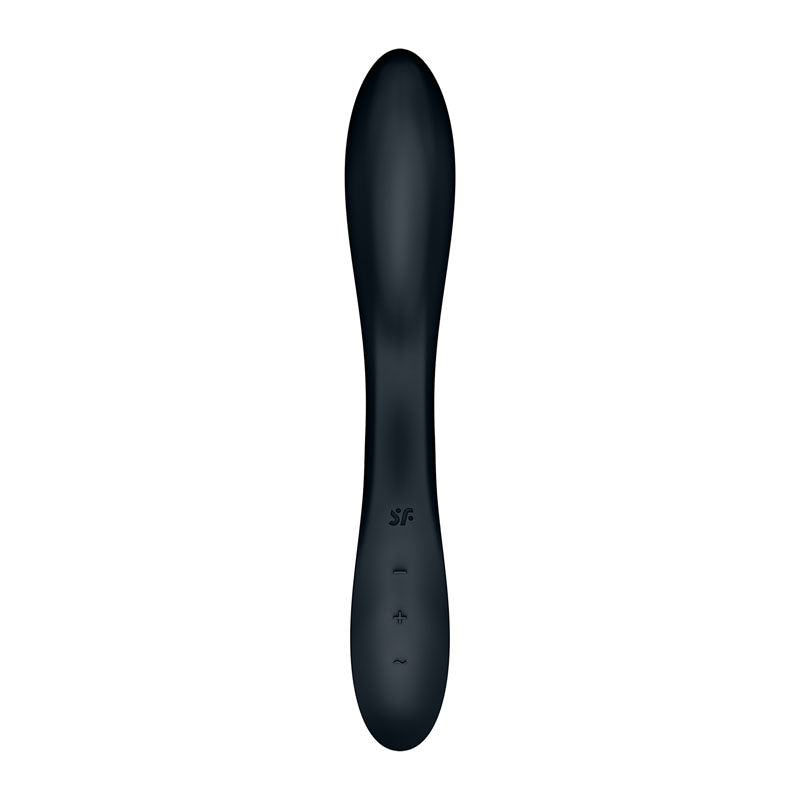 The Satisfyer Rrrolling Explosion is a modern, elegant black G-spot vibrator made from body-safe silicone. It features a sleek cylindrical shape that tapers in the middle, simple control buttons (+, -, wavy line), and a small logo for sensual vibrations. USB rechargeable.