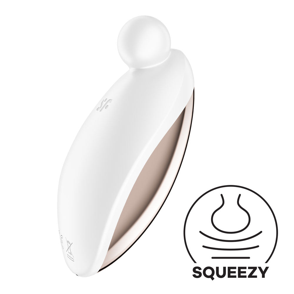 The image features the white Satisfyer Spot On 2, a USB rechargeable stimulator with a round top and ergonomic design. It includes an icon of a hand squeezing an object, labeled SQUEEZY.