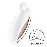 The image features the white Satisfyer Spot On 2, a USB rechargeable stimulator with a round top and ergonomic design. It includes an icon of a hand squeezing an object, labeled SQUEEZY.