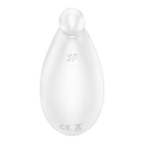 The Satisfyer Spot On 2, a white, teardrop-shaped stimulator with a rounded top for clitoral pleasure, has SF embossed on the front. Below are symbols indicating CE certification and electronic disposal guidelines. This USB rechargeable device ensures both compliance and satisfaction.