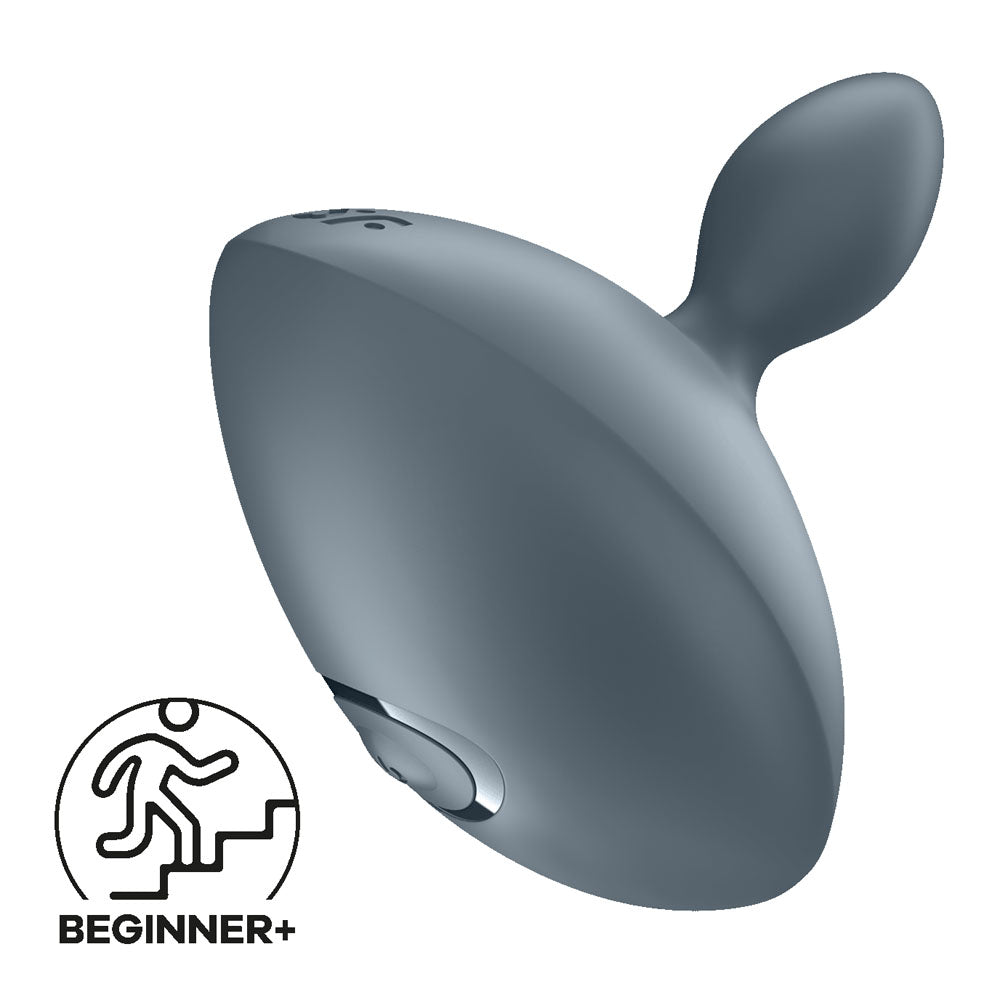 The Satisfyer Booty Absolute Beginners 4 is a sleek, gray, teardrop-shaped butt plug with a curved handle and side button, perfect for beginners seeking new sensations.