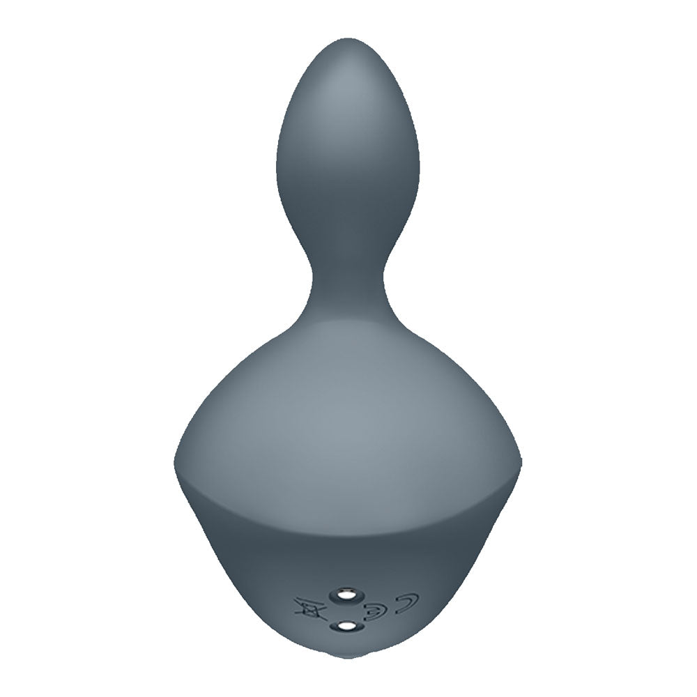 The Satisfyer Booty Absolute Beginners 4 - Grey is a sleek, gray silicone anal plug with a tapered tip and large bulbous base for comfort. It features metallic CE-labeled charging ports and is USB rechargeable, adding an extra layer of convenience.