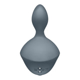 The Satisfyer Booty Absolute Beginners 4 - Grey is a sleek, gray silicone anal plug with a tapered tip and large bulbous base for comfort. It features metallic CE-labeled charging ports and is USB rechargeable, adding an extra layer of convenience.