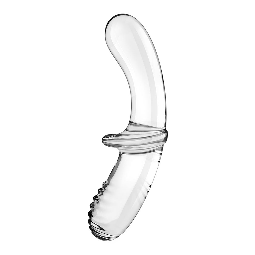 The Satisfyer Double Crystal, a transparent glass dildo with an ergonomic design, features a smooth, rounded tip on one end and a textured ribbed section on the other. Its sleek, modern look is enhanced by a flat horizontal base in the center against a plain white background.