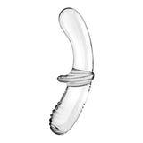 The Satisfyer Double Crystal, a transparent glass dildo with an ergonomic design, features a smooth, rounded tip on one end and a textured ribbed section on the other. Its sleek, modern look is enhanced by a flat horizontal base in the center against a plain white background.