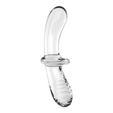 The Satisfyer Double Crystal is a clear glass double-ended dildo featuring a smooth, curved tip on one end and a ribbed texture on the other. Its slightly flared center ensures grip, while the shiny, transparent surface highlights its elegant and sleek design.