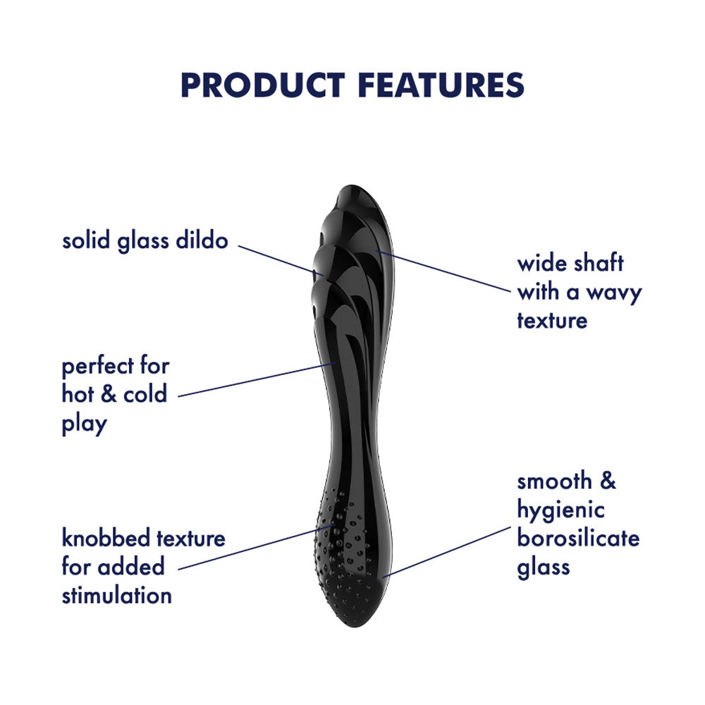 The Satisfyer Dazzling Crystal 1 is a black glass dildo featuring a wide wavy-textured shaft, a knobbled base for extra stimulation, and solid borosilicate glass construction. Its ideal for hot and cold play due to its smooth, hygienic design.