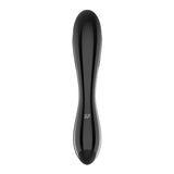 The sleek black design of the Satisfyer Dazzling Crystal 1 features a glossy finish, seamlessly contoured handle, and shallow bowl. Its reflective surface highlights its elegance, with a stylized JS logo on the handle.