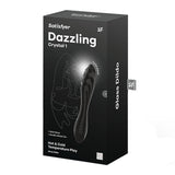 The Satisfyer Dazzling Crystal 1 packaging is black with an illustration of the double-ended dildo. It states Solid Glass and Double-Sided Use, and mentions Hot & Cold Temperature Play at the bottom. The branding is prominently displayed on the top left corner.