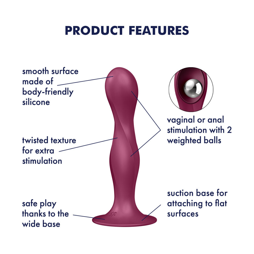 The Satisfyer Doule Ball-R - Red is a maroon, skin-friendly silicone anal plug with a smooth and twisted texture housing two weighted balls for enhanced stimulation. Its wide suction base securely attaches to flat surfaces, ensuring safe vaginal or anal use.