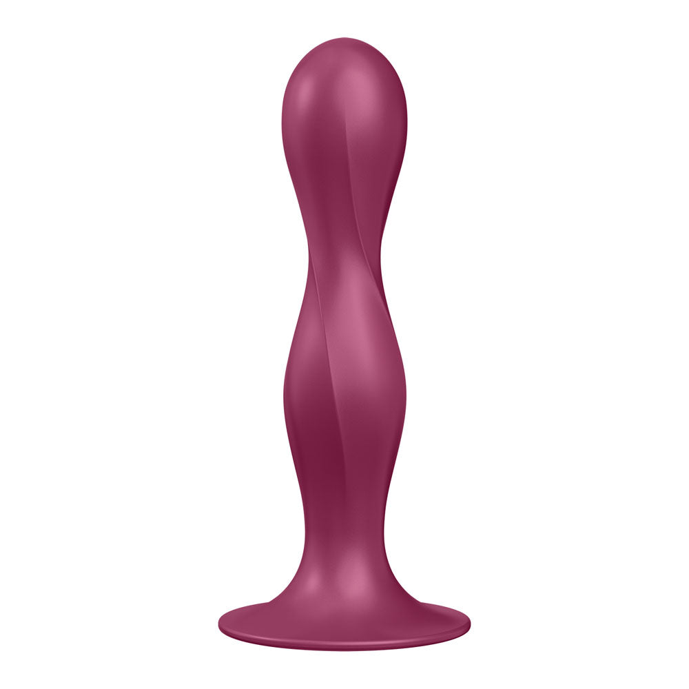 The Satisfyer Double Ball-R, a red anal plug, features sculpted silicone with a bulbous top and twisted design. Made from skin-friendly silicone, it has a weighted base for stability and a smooth, light-reflecting texture with an elegant tapered middle.