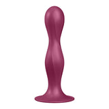 The Satisfyer Double Ball-R, a red anal plug, features sculpted silicone with a bulbous top and twisted design. Made from skin-friendly silicone, it has a weighted base for stability and a smooth, light-reflecting texture with an elegant tapered middle.