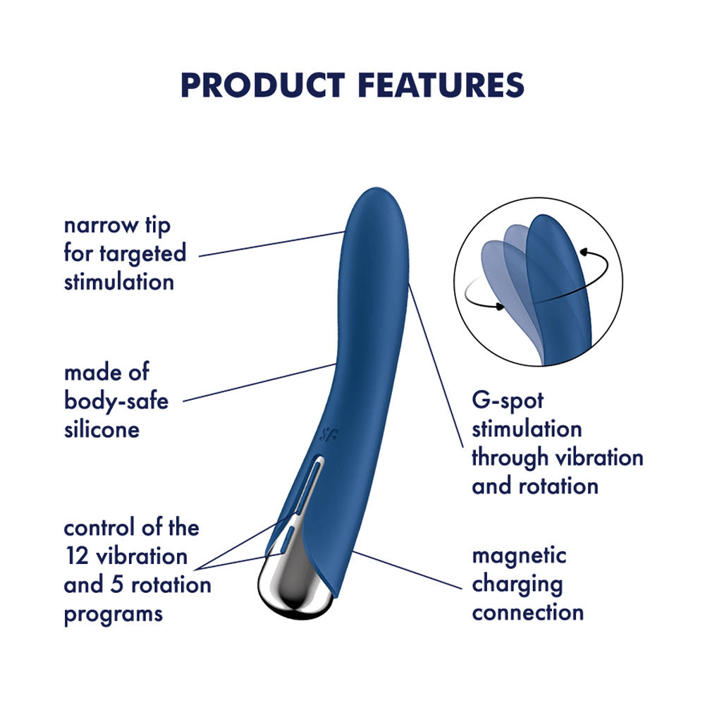 The Satisfyer Spinning Vibe 1, a blue 17.8 cm USB rechargeable vibrator, has a silver base and narrow tip for targeted stimulation. Made of body-safe silicone, it offers control over 12 vibration and 5 rotation programs, G-spot stimulation through rotation, and features a magnetic charging connection.