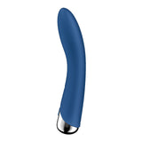 The Satisfyer Spinning Vibe 1, a sleek blue waterproof vibrator with a silver base, is displayed on a white background. With its smooth design and slightly tapered tip for targeted stimulation, it offers multiple vibration modes. This USB rechargeable device measures 17.8 cm and rotates for an enhanced experience.