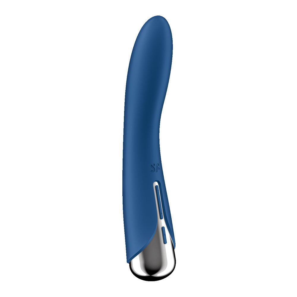 A sleek, blue, curved vibrator with a smooth texture and waterproof capability. It has a metallic base and small button, featuring ergonomic minimalist design. Overall 17.8 cm in length, its reminiscent of the Satisfyer Spinning Vibe 1 and is USB rechargeable for convenience.