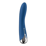 A sleek, blue, curved vibrator with a smooth texture and waterproof capability. It has a metallic base and small button, featuring ergonomic minimalist design. Overall 17.8 cm in length, its reminiscent of the Satisfyer Spinning Vibe 1 and is USB rechargeable for convenience.