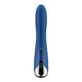 The Satisfyer Spinning Vibe 1 is a blue 17.8 cm USB rechargeable rotating vibrator with a sleek design, metallic silver tip, and narrow black power button beside a logo. It boasts multiple vibration modes and has a subtle indentation along its length.