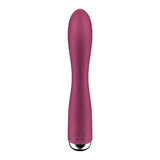 The Satisfyer Spinning Rabbit 1 is a sleek red 20 cm USB rechargeable vibrator with a smooth, curved design featuring a rounded tip, silver metallic base with symbols suggesting various vibration programs, exuding an elegantly modern appearance.