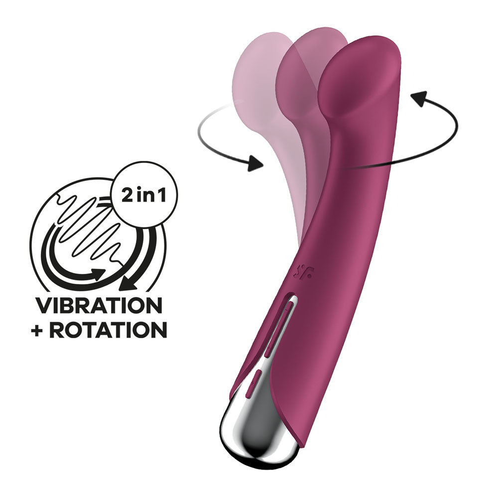 The Satisfyer Spinning G-Spot 1 in vibrant red features a curved, flexible design with a 2 in 1 vibration and spinning function, circular graphic with arrows, metallic base, and fully waterproof build for endless exploration. It is USB rechargeable and measures 16.5 cm.