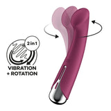 The Satisfyer Spinning G-Spot 1 in vibrant red features a curved, flexible design with a 2 in 1 vibration and spinning function, circular graphic with arrows, metallic base, and fully waterproof build for endless exploration. It is USB rechargeable and measures 16.5 cm.