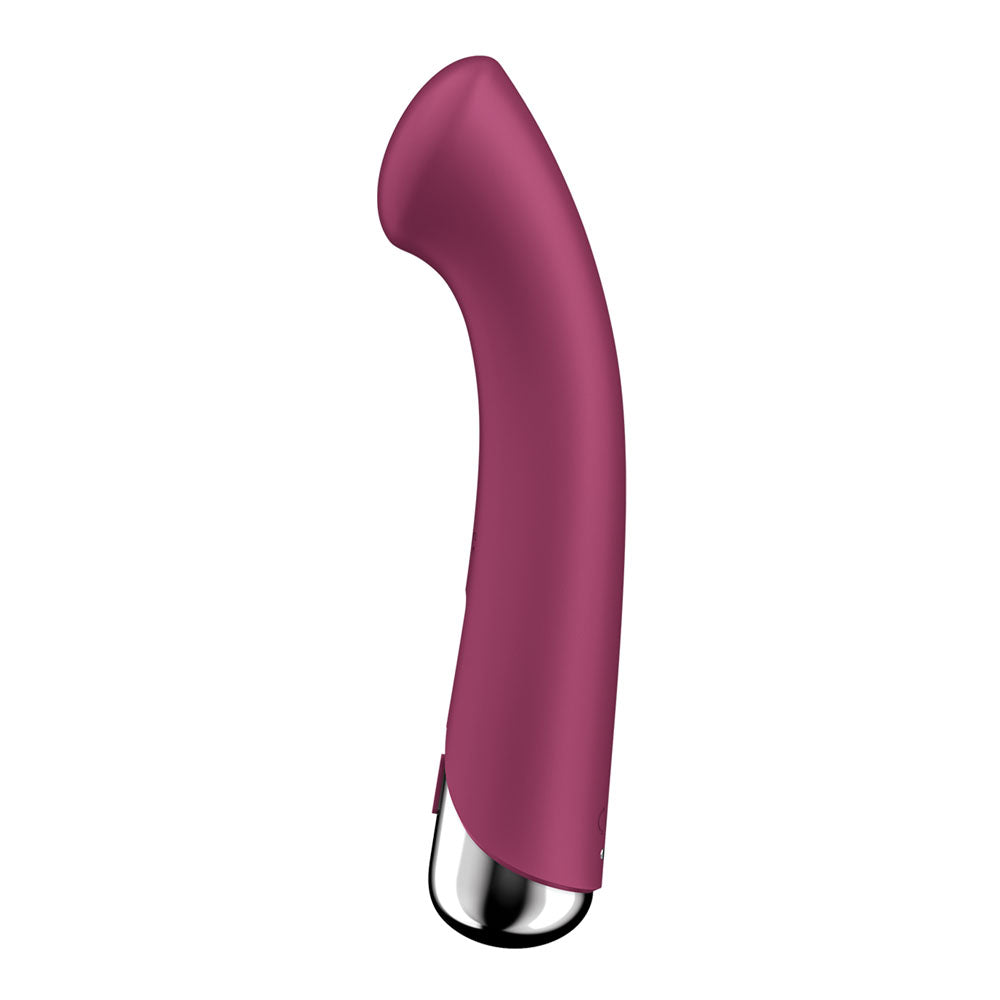 The Satisfyer Spinning G-Spot 1 in red is a 16.5 cm USB rechargeable rotating vibrator with a sleek design, ergonomic shape, and metallic silver base for elegance. Its discreet modern look includes waterproof features for versatile enjoyment.