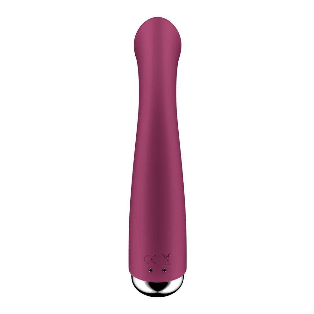 A maroon Satisfyer Spinning G-Spot 1 vibrator features a tapered, cylindrical design with a smooth, waterproof finish. It has a metallic base with certification symbols and a rounded tip. Designed for personal relaxation, it features a soothing spinning motion and is USB rechargeable.