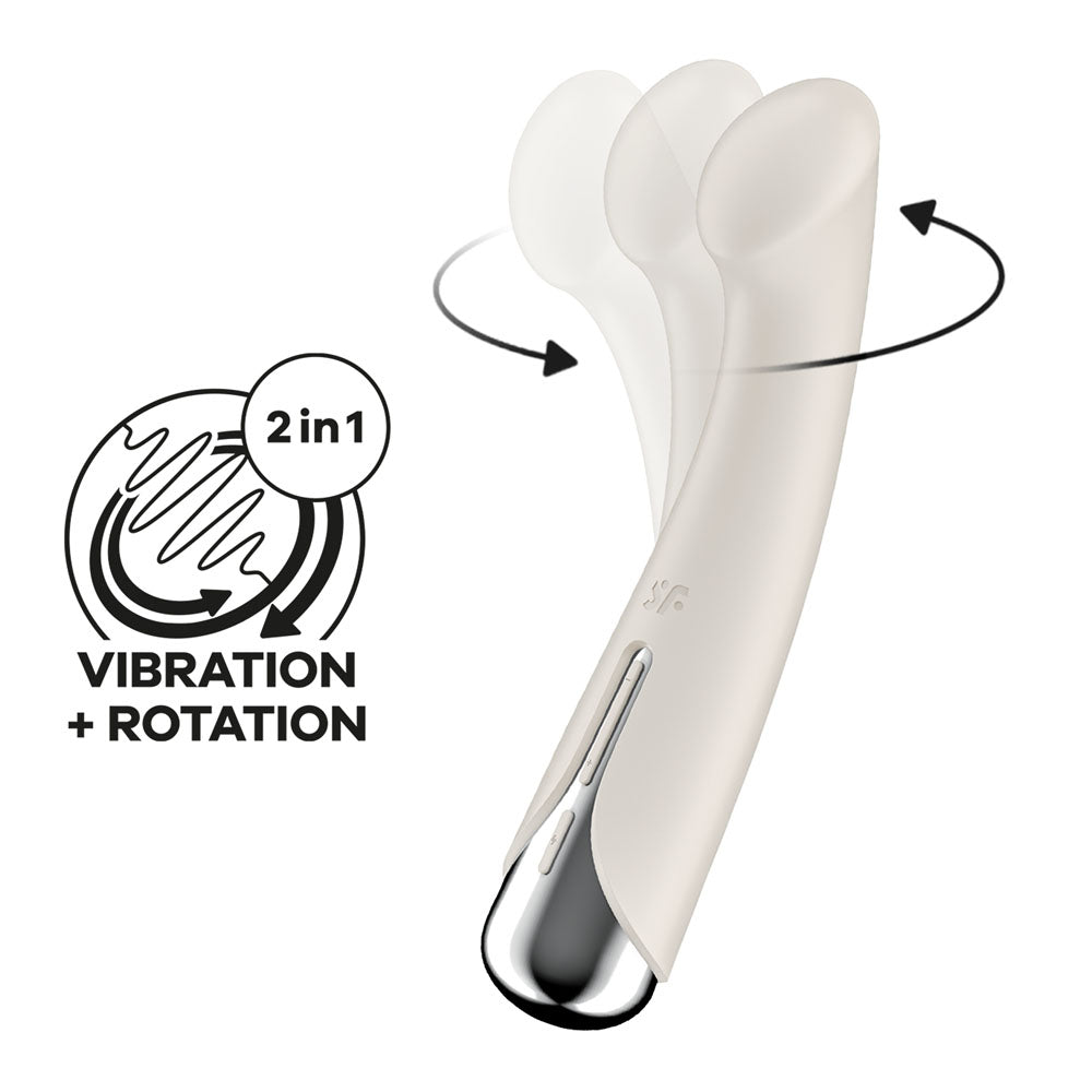 The beige Satisfyer Spinning G-Spot 1 Vibrator, with a chrome base and ergonomic design, features a round head offering dual 2 in 1 Vibration + Rotation functionality. It is waterproof and USB rechargeable for versatile ease of use.