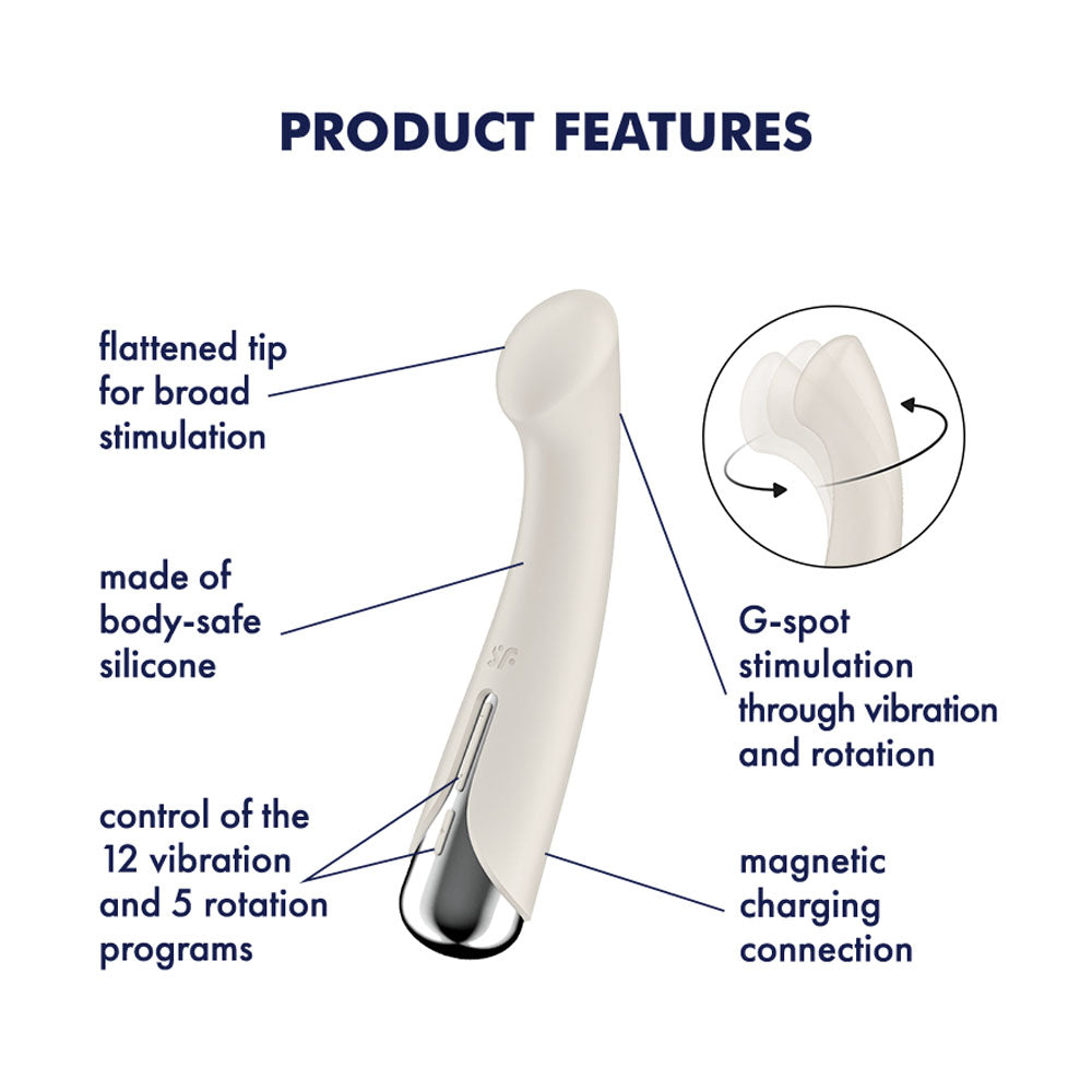 The Satisfyer Spinning G-Spot 1 in beige is a USB rechargeable vibrator, measuring 16.5 cm, with a curved tip, offering 12 vibrations and 5 rotation settings for G-spot stimulation. Its made of body-safe silicone and features a magnetic charging connection at the base.