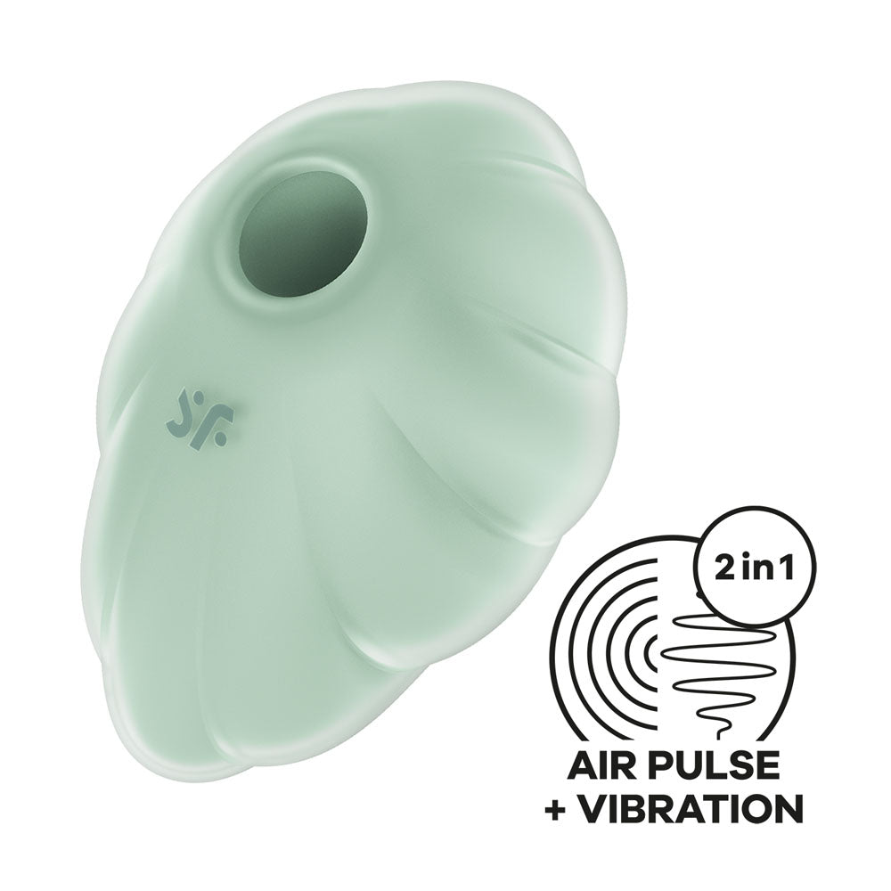 The mint green Satisfyer Cloud Dancer, seashell-shaped with a circular opening and SF branding, highlights its dual function as an air pulse vibrator. A circular icon with wavy lines reads 2 in 1 AIR PULSE + VIBRATION, showcasing its innovative features.