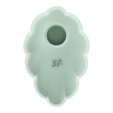 The mint green, leaf-shaped Satisfyer Cloud Dancer features a central circular opening and Air Pulse Technology. It has a symmetrical scalloped design, smooth texture, and a small stylized logo below the opening.