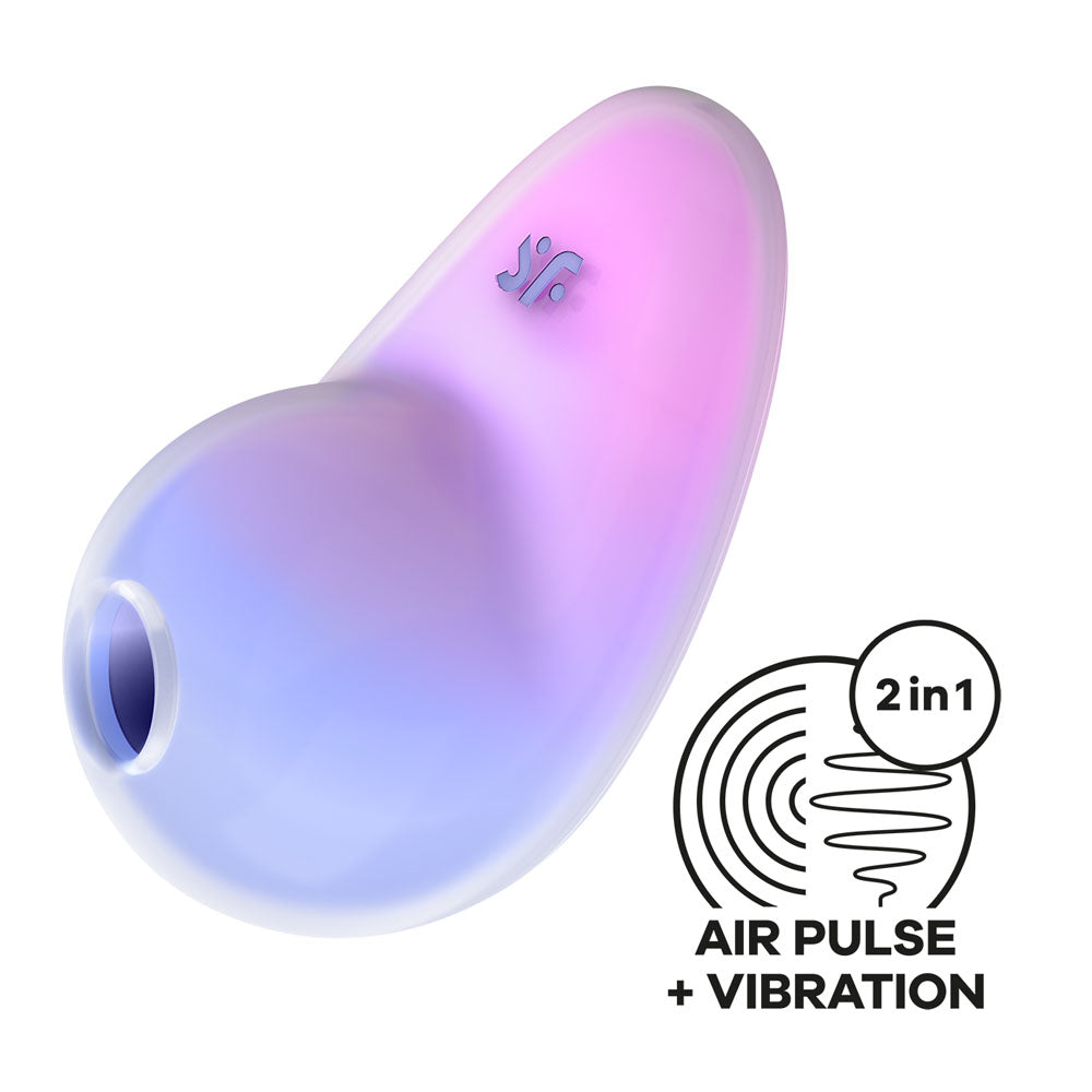 The Satisfyer Pixie Dust, with a vibrant violet/pink gradient, features a sleek design adorned with the SF logo and a circular sound wave icon. This USB rechargeable stimulator offers exhilarating clitoral stimulation through its 2 in 1 Air Pulse + Vibration technology.