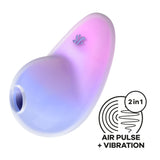 The Satisfyer Pixie Dust, with a vibrant violet/pink gradient, features a sleek design adorned with the SF logo and a circular sound wave icon. This USB rechargeable stimulator offers exhilarating clitoral stimulation through its 2 in 1 Air Pulse + Vibration technology.