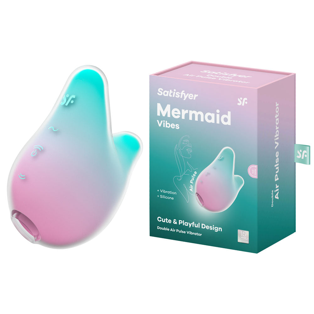 The Satisfyer Mermaid Vibes - Mint/Pink box displays an illustrated mermaid, alongside a pastel pink-to-blue gradient teardrop device. It features Air Pulse Technology, a Cute & Playful Design, + Vibration, + Silicone, and is a waterproof vibrator.