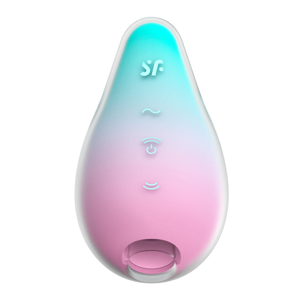 The Satisfyer Mermaid Vibes - Mint/Pink is a teardrop-shaped waterproof vibrator with a turquoise to pink gradient and vertical symbols for wave, Wi-Fi, and power. It features Air Pulse Technology and the brands logo at the top in matching colors, offering a sleek design.