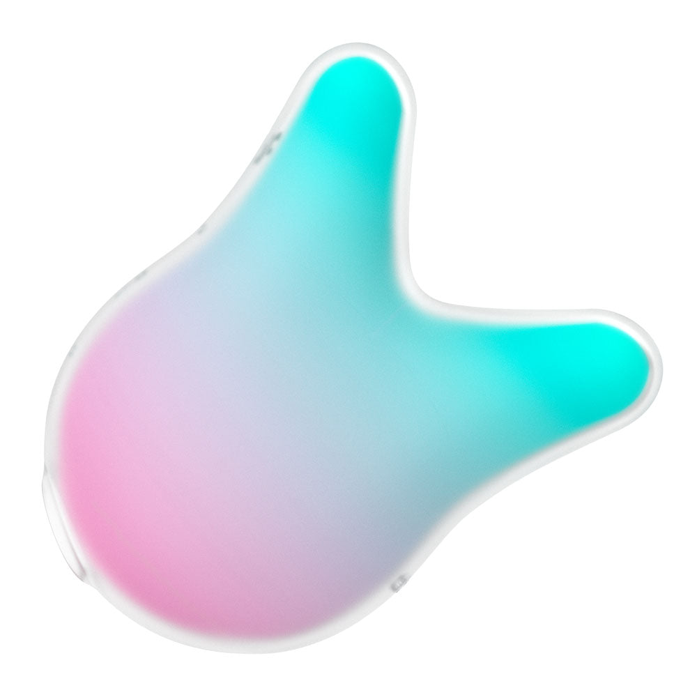 The Satisfyer Mermaid Vibes device, in pastel pink, purple, and teal, has a mint/pink gradient. This handheld bunny-shaped Air Pulse Stimulator features a glossy finish and waterproof design, resembling modern decor or abstract art against a white backdrop.