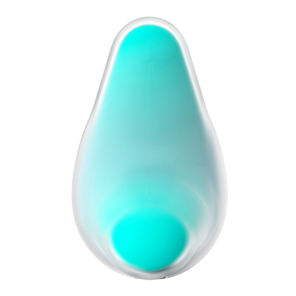 The Satisfyer Mermaid Vibes in mint/pink features a smooth, abstract translucent oval shape with a light turquoise to teal gradient at its center on a white background. Resembling a drop, Air Pulse Technology enhances its fluid appearance, adding an artistic touch to its design.