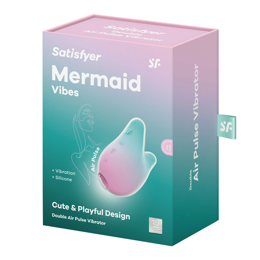 The image displays the Satisfyer Mermaid Vibes packaging in mint/pink. The box highlights Air Pulse Technology and Vibration + Silicone with a stylized product illustration emphasizing its Cute & Playful Design.