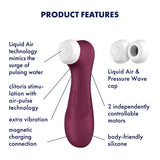 The Satisfyer Pro 2 Generation 3 in wine red features a deep burgundy hue with a white cap. It includes Liquid Air Technology, an Air Pulse pleaser, extra vibration, magnetic charging, dual motors, and is made from body-safe silicone for enhanced clitoris stimulation.