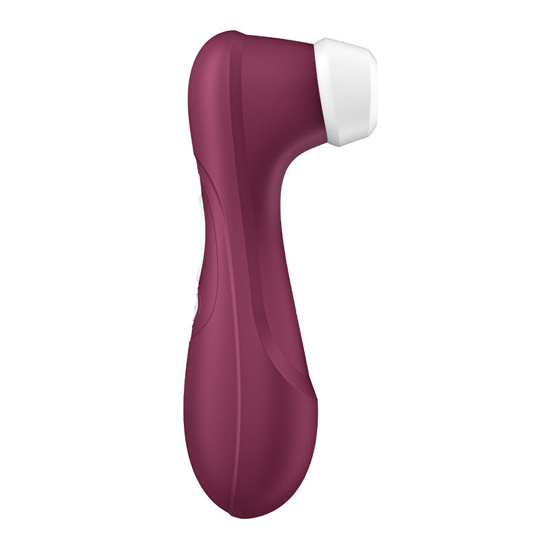 The Satisfyer Pro 2 Generation 3 is a wine red, touch-free, USB-rechargeable clitoral stimulator with an ergonomic design and Air Pulse technology. Its curved body and white silicone head ensure precise arousal, while contour lines enhance grip and the angled head targets areas precisely.