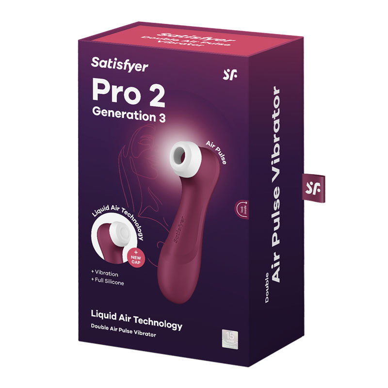 The wine red box of the Satisfyer Pro 2 Generation 3 highlights its key features: Liquid Air Technology, Vibration, and Full Silicone. The front showcases the product image and brand logo, emphasizing its a Double Air Pulse Vibrator.