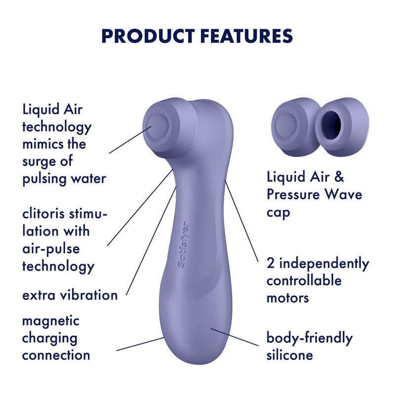 The Satisfyer Pro 2 Generation 3 in lilac offers Liquid Air Technology for a pulsing water-like effect, enhancing clitoral stimulation with air pressure waves. It boasts extra vibration, magnetic charging, two independently controllable motors, and body-friendly silicone.