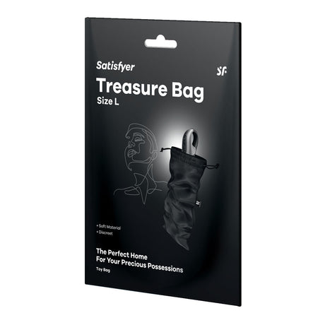 The Satisfyer Treasure Bag Large in black features a discreet front design with a face outline and finger-to-lips icon. Ideal for medium-sized toys, the partially visible bag inside showcases its soft texture. The text reads: The Perfect Home For Your Precious Possessions.