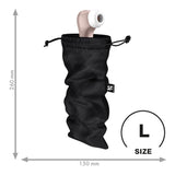 A black Satisfyer Treasure Bag Large partially conceals a white earbud with the tip visible. An arrow shows the bags dimensions: 260mm tall and 150mm wide. L size is circled next to a logo on the side.