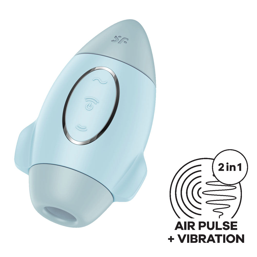 The Satisfyer Mission Control, a light blue rocket-shaped stimulator, features buttons on its body and an opening at the tip. It has 2 in 1 functionality for air pulse and vibration, with AIR PULSE + VIBRATION next to a wave-like symbol.